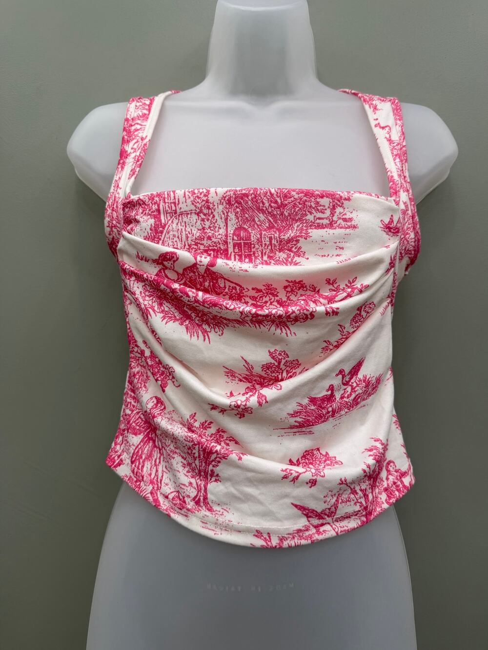 Cider Pink Toile de Jouy Cowl Neck Crop Tank Top XS Coquette Cottagecore